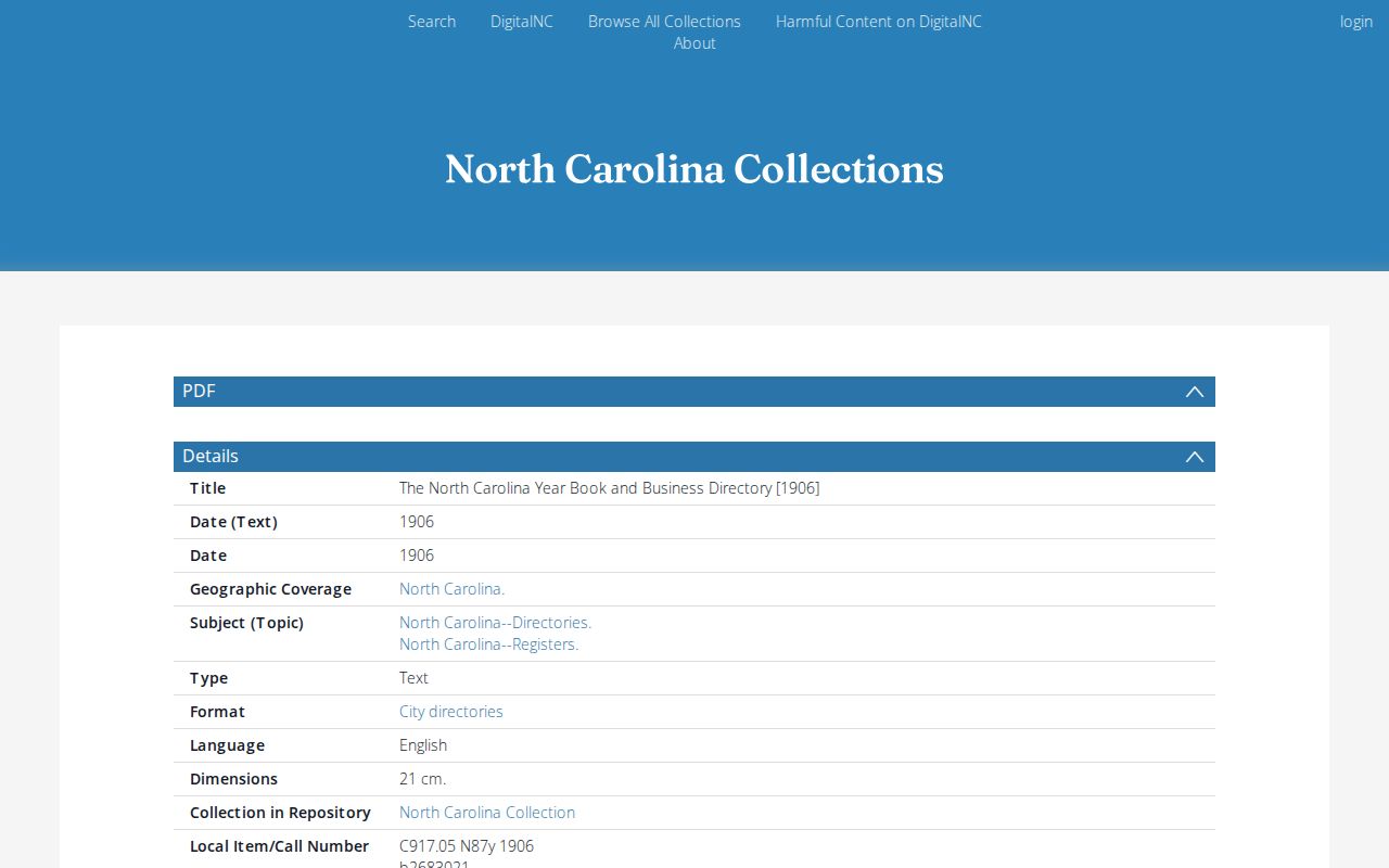 Leland city directory, DigitalNC 1906 collection screen