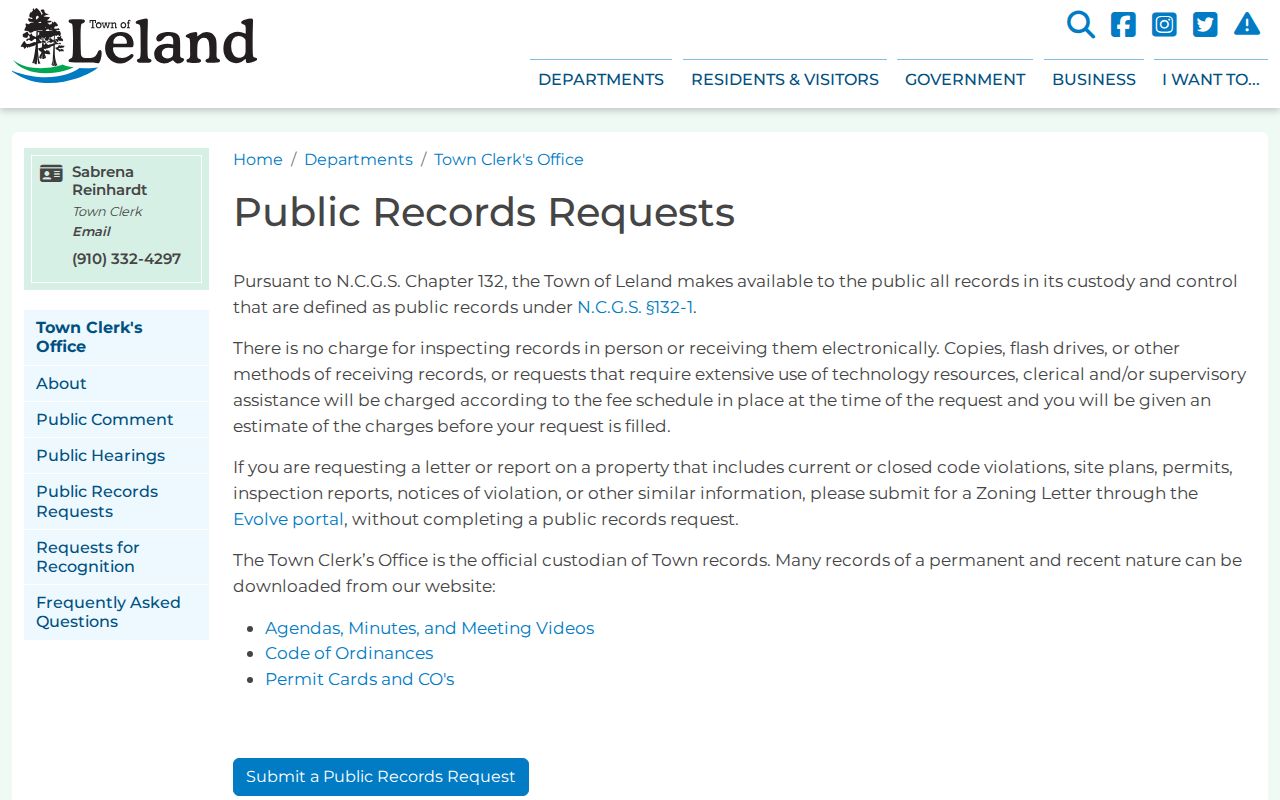 Leland residents directory Town Clerk public records request instructions